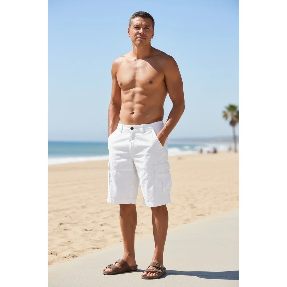 Mens White Cargo Shorts Cotton Twill Casual Summer Beach Pockets Size 32